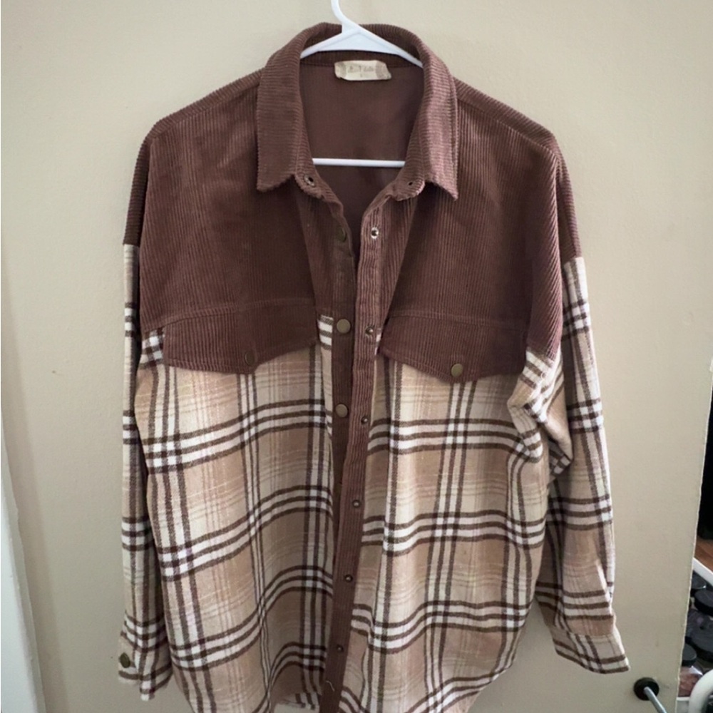 Altar'd State Brown and Cream Plaid Corduroy Flannel Jacket